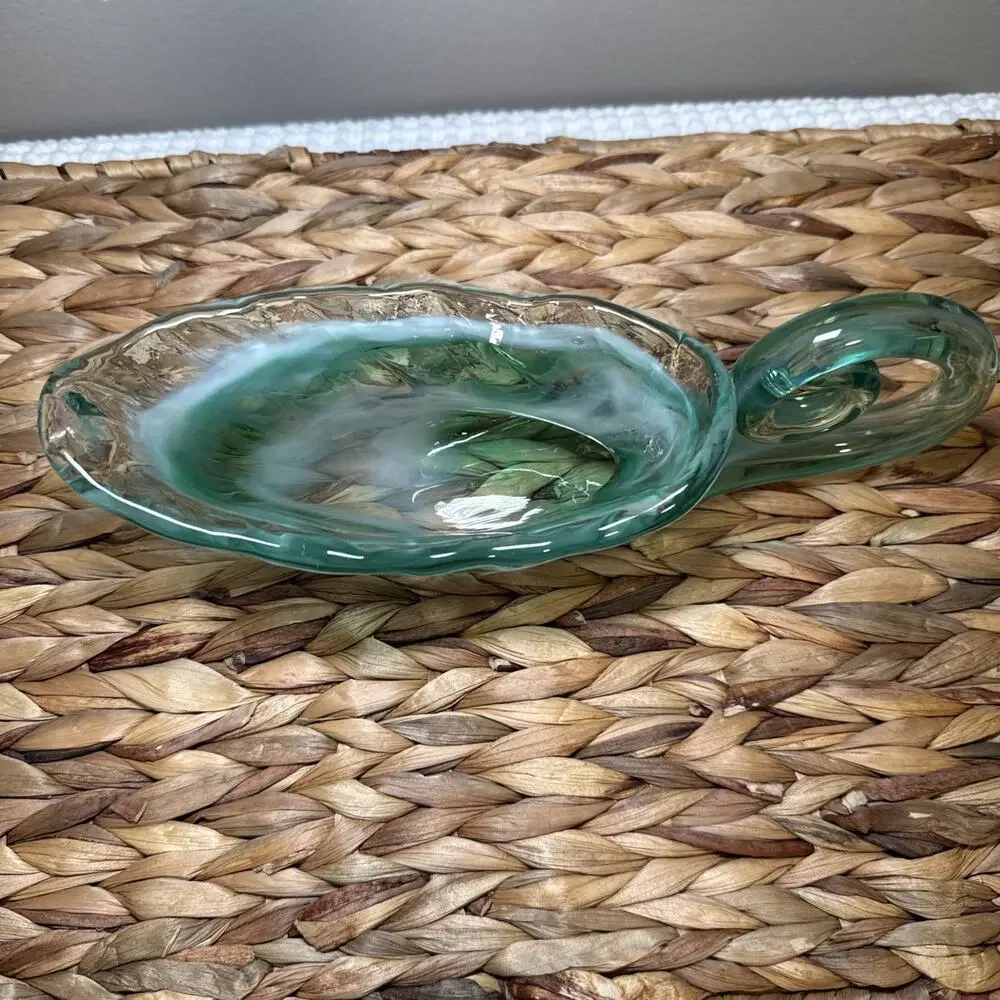 Vintage Aqua Art Glass Console Bowl Freeform Dish Vase Scroll Handle MCM 9.6”